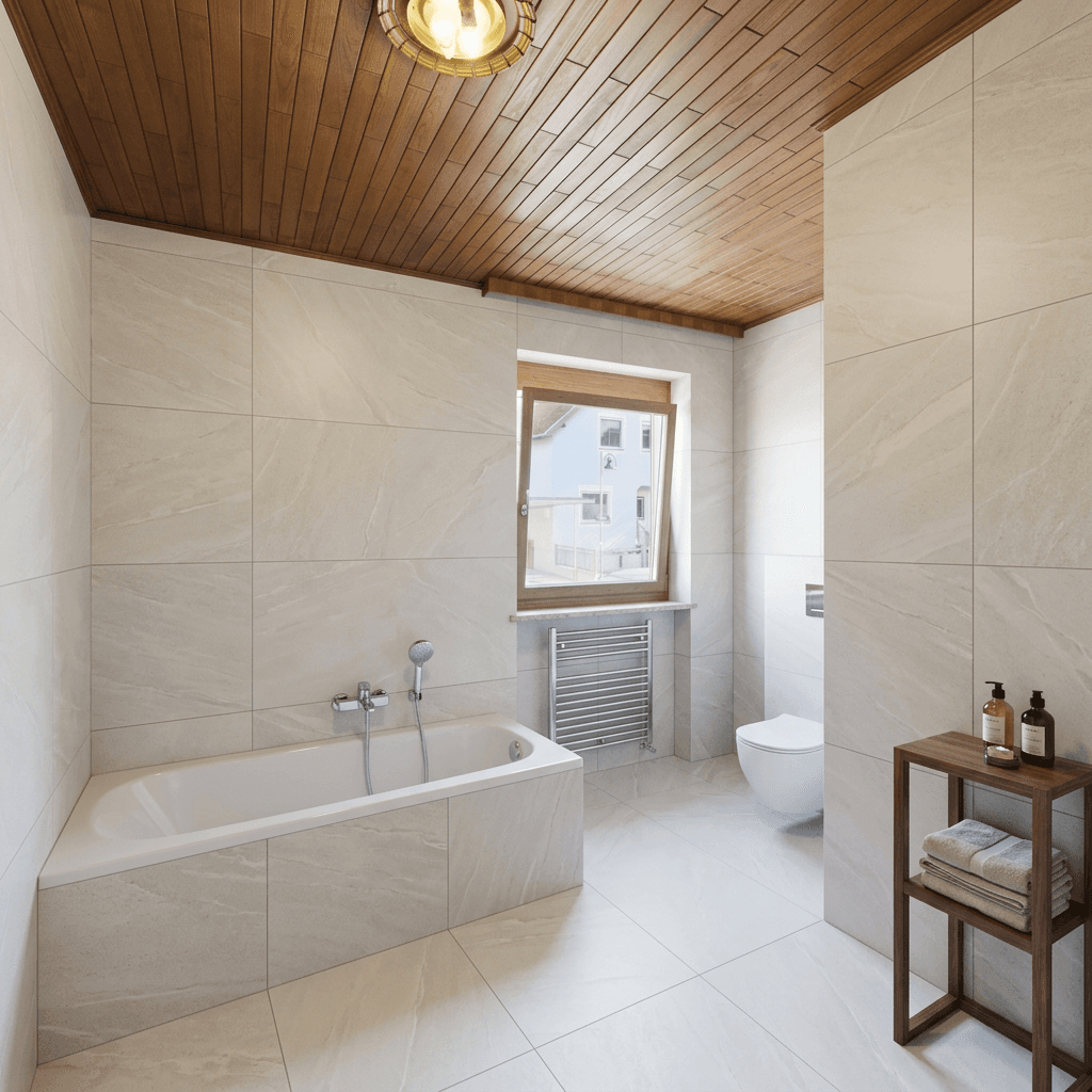 Modernes Badezimmer mit Badewanne, hellen Fliesen, Holzdecke und Fenster.