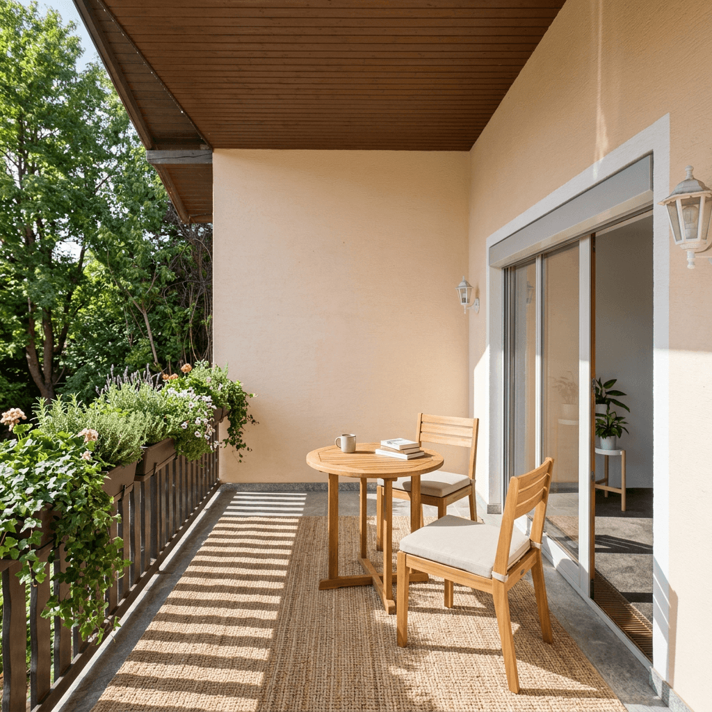 Sonniger Balkon mit Holztisch, Stühlen und Blumenkästen, ideal zum Entspannen im Freien.