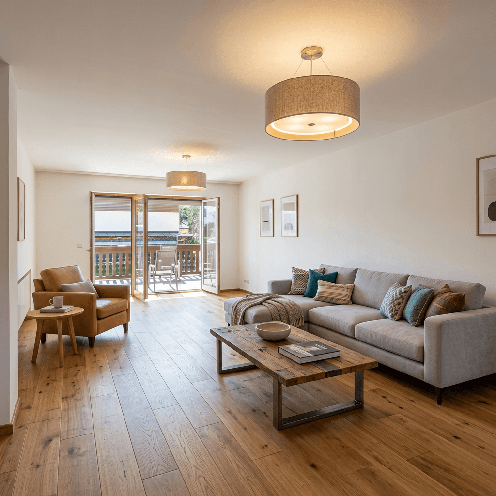 Gemütliches Wohnzimmer mit Holzboden, bequemer Couch und Zugang zum sonnigen Balkon.