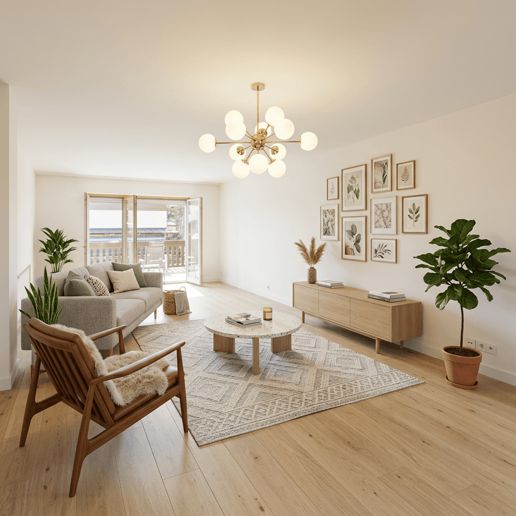 Helles Wohnzimmer mit modernem Dekor, Holzboden und Zugang zu einem sonnigen Außenbereich.