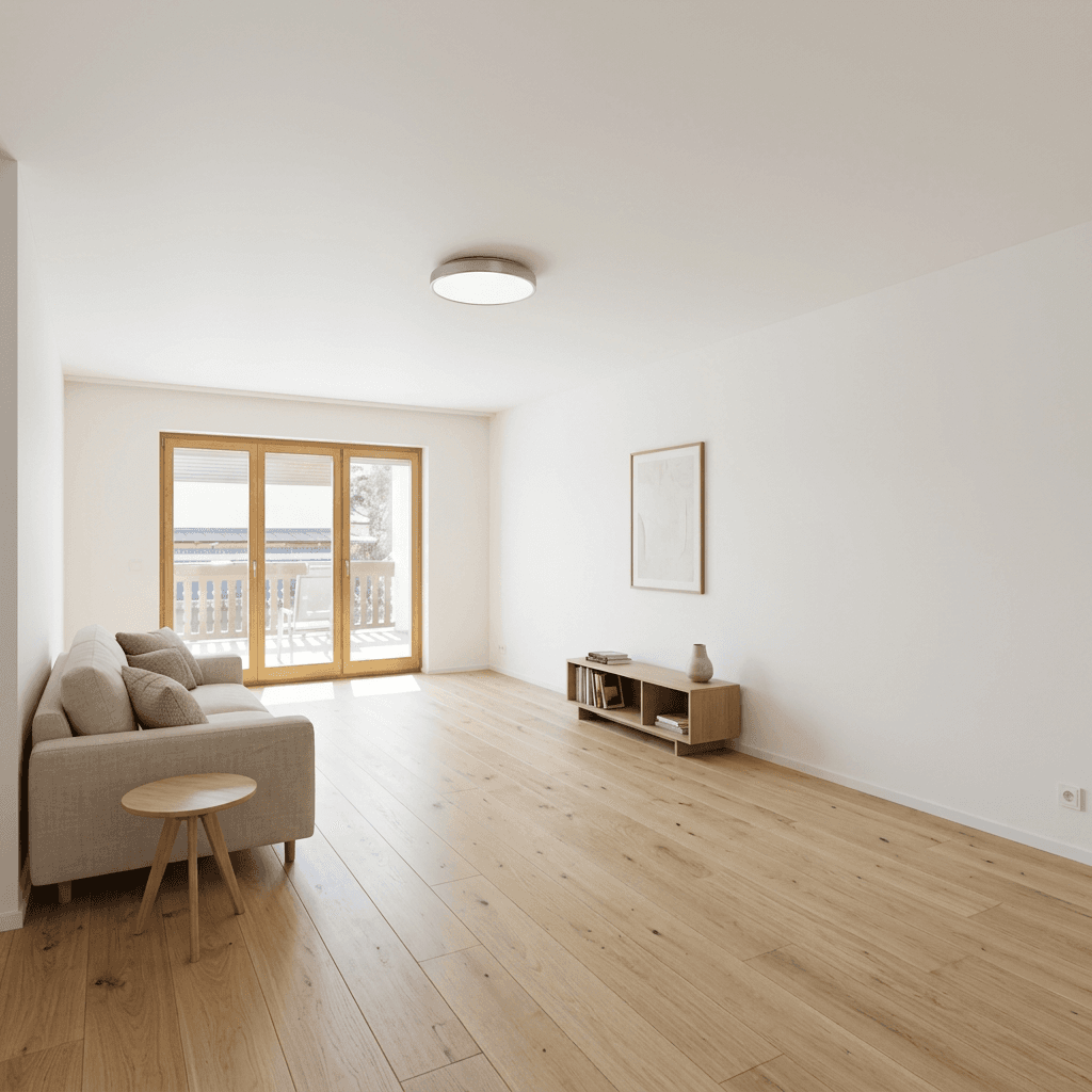 Leeres Wohnzimmer mit Holzboden, Zugang zum Balkon und viel Tageslicht.