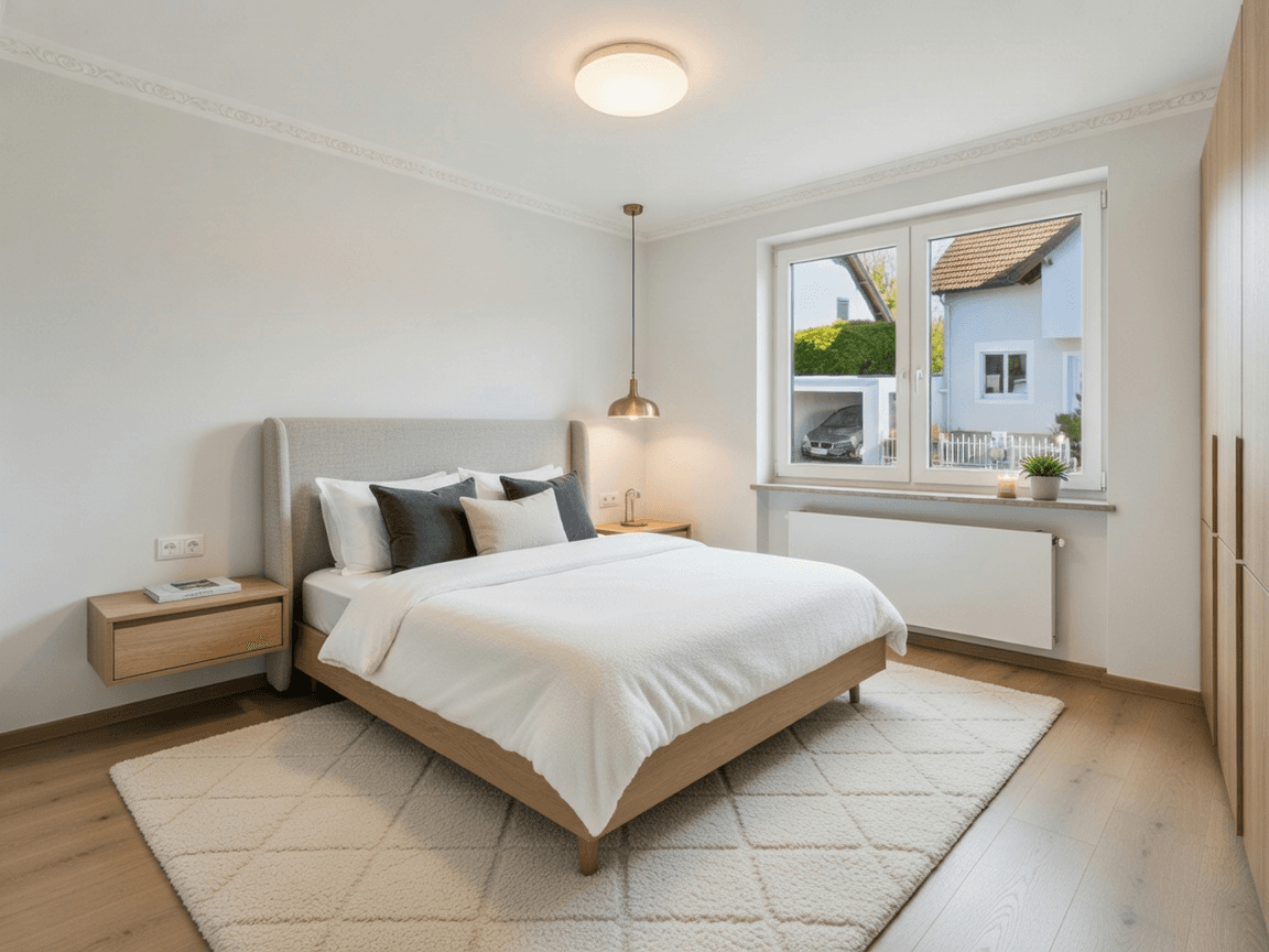 Modernes Schlafzimmer mit hellem Holzbett, Teppich und Fenster mit Blick ins Grüne.