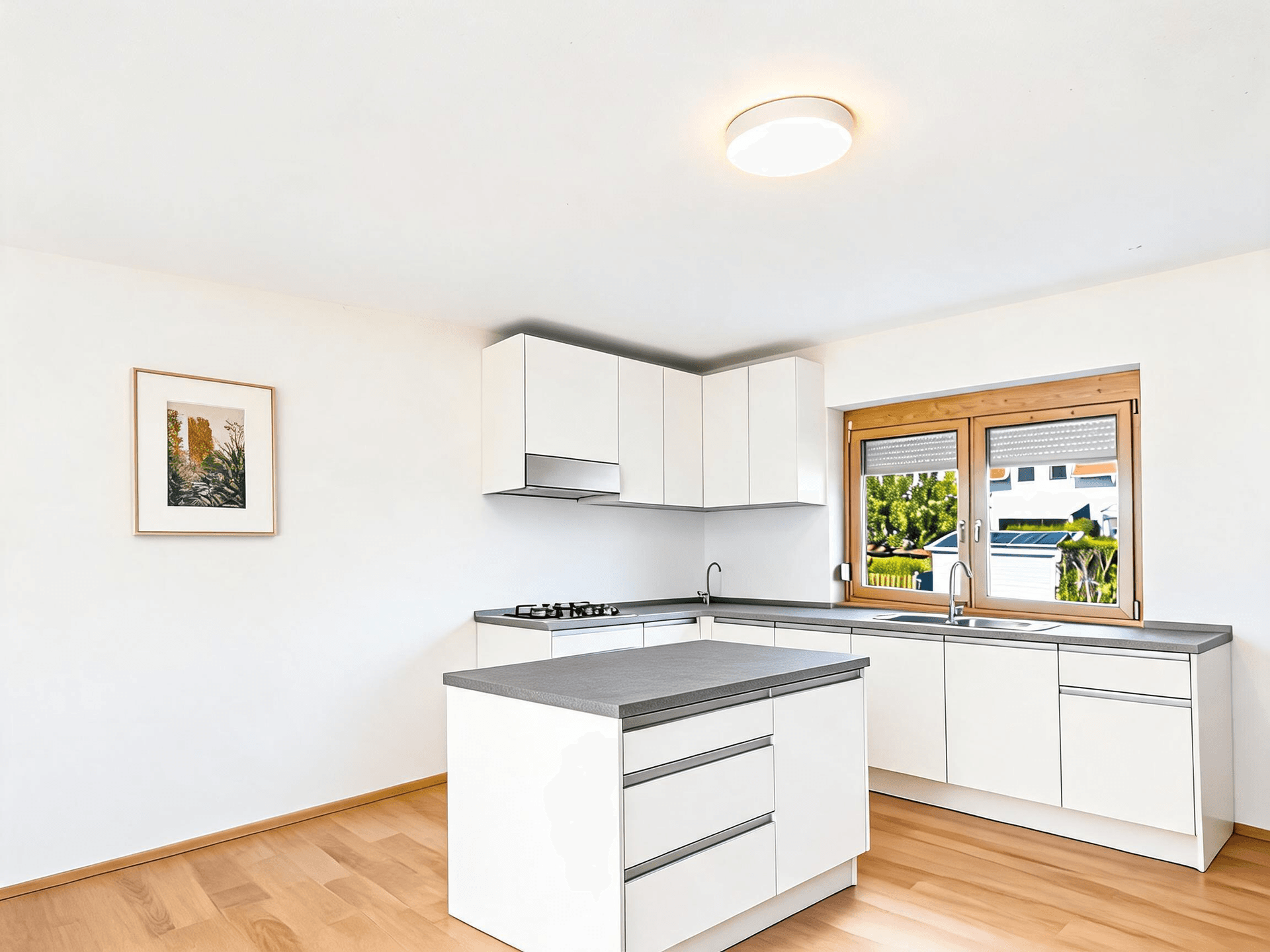 Moderne Einbauküche mit weißen Hochglanzfronten, Kücheninsel und Fenster.