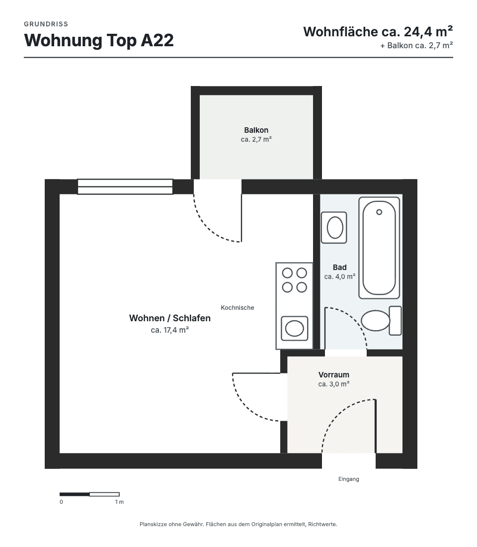 Grundriss der Wohnung Top A22 mit Wohn-/Schlafbereich, Kochnische, Bad und Balkon.