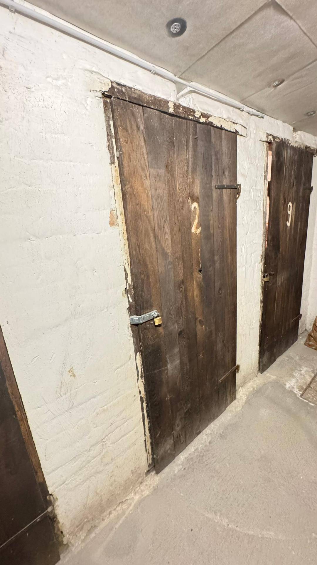 Rustikaler Kellerraum mit Holztüren und Betonboden, ideal als Abstellraum nutzbar.
