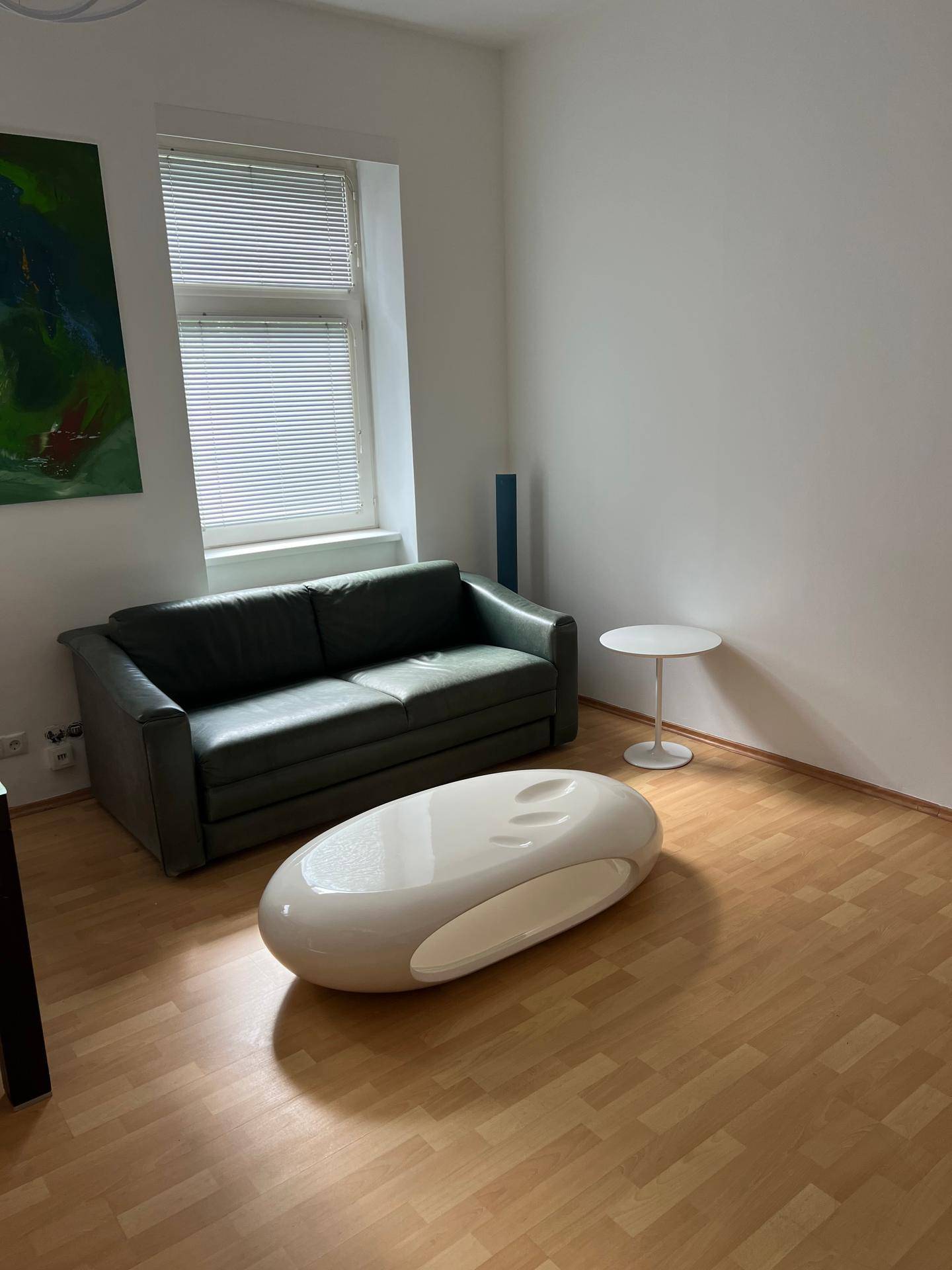 Wohnzimmer mit grünem Ledersofa, modernem Couchtisch und Laminatboden, hell und einladend.