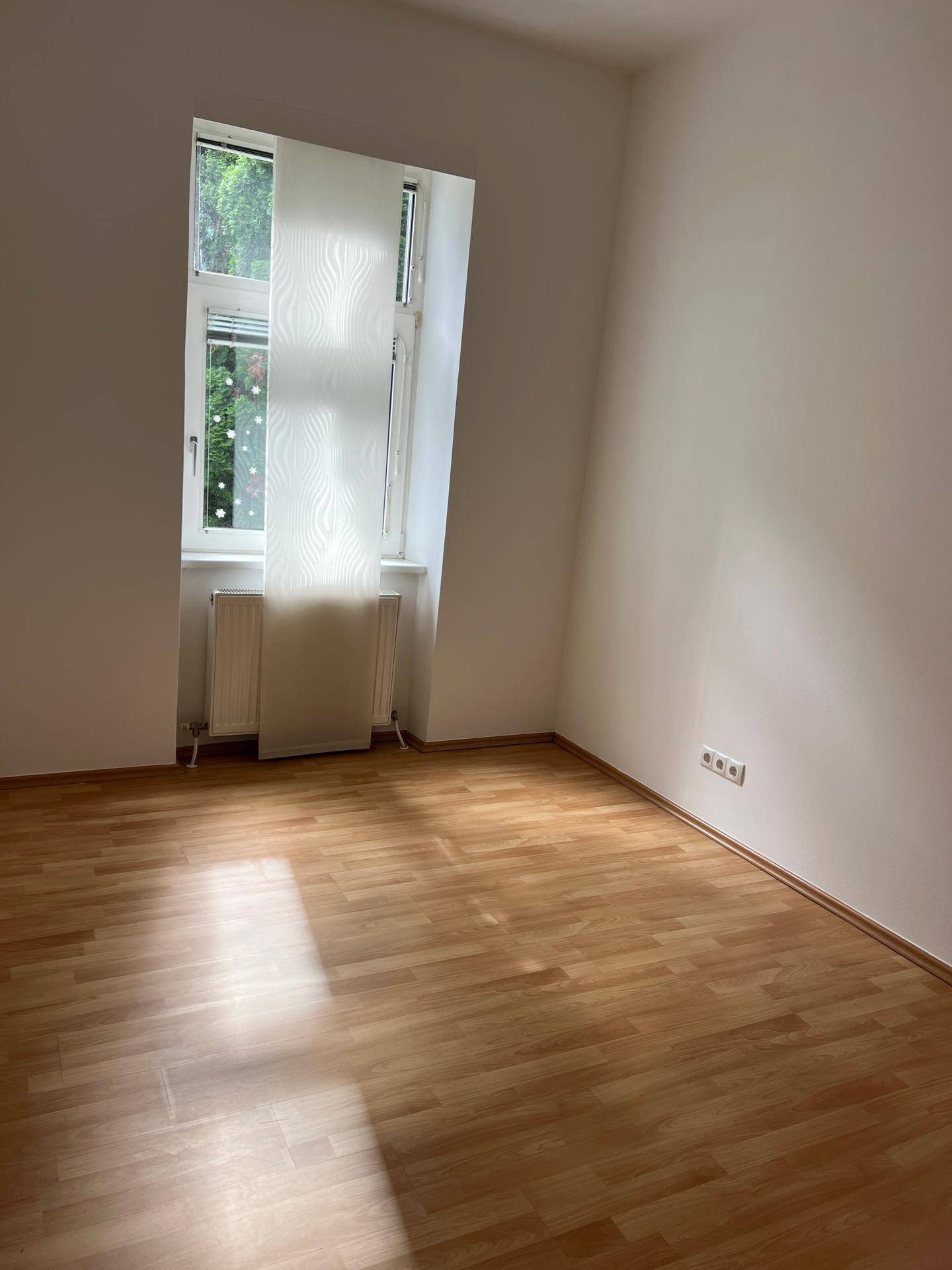 Leeres Zimmer mit Laminatboden und weißen Wänden, hell durch ein großes Fenster.