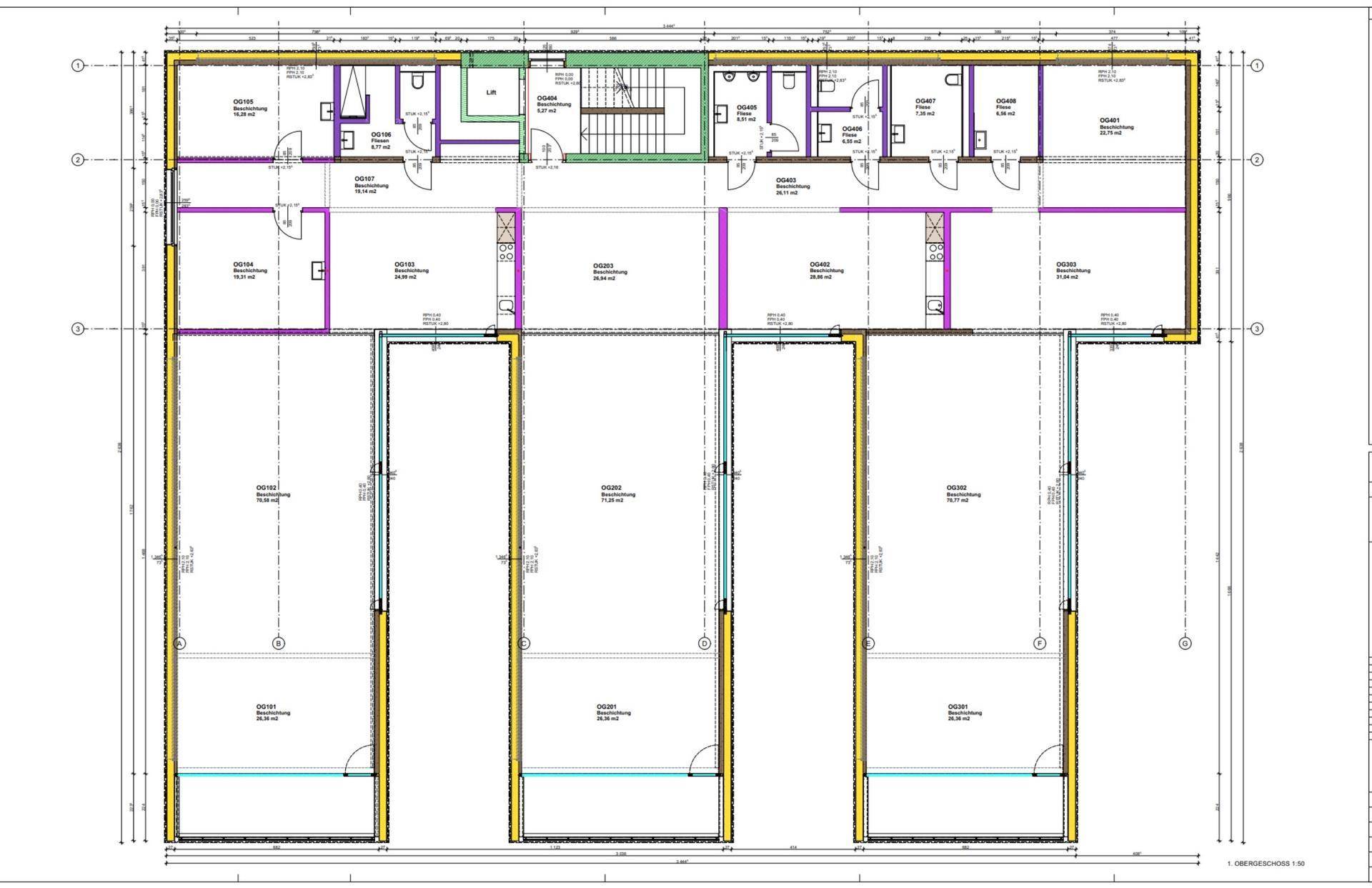 Grundrissplan eines Obergeschosses mit mehreren Einheiten, Sanitärbereichen und großen Fensterfronten.