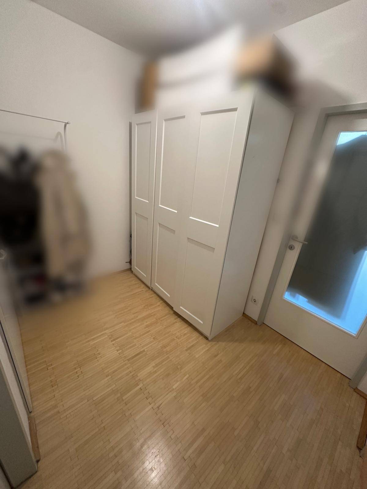 Eingangsbereich mit weißem Kleiderschrank und hellem Holzboden, bietet praktischen Stauraum.