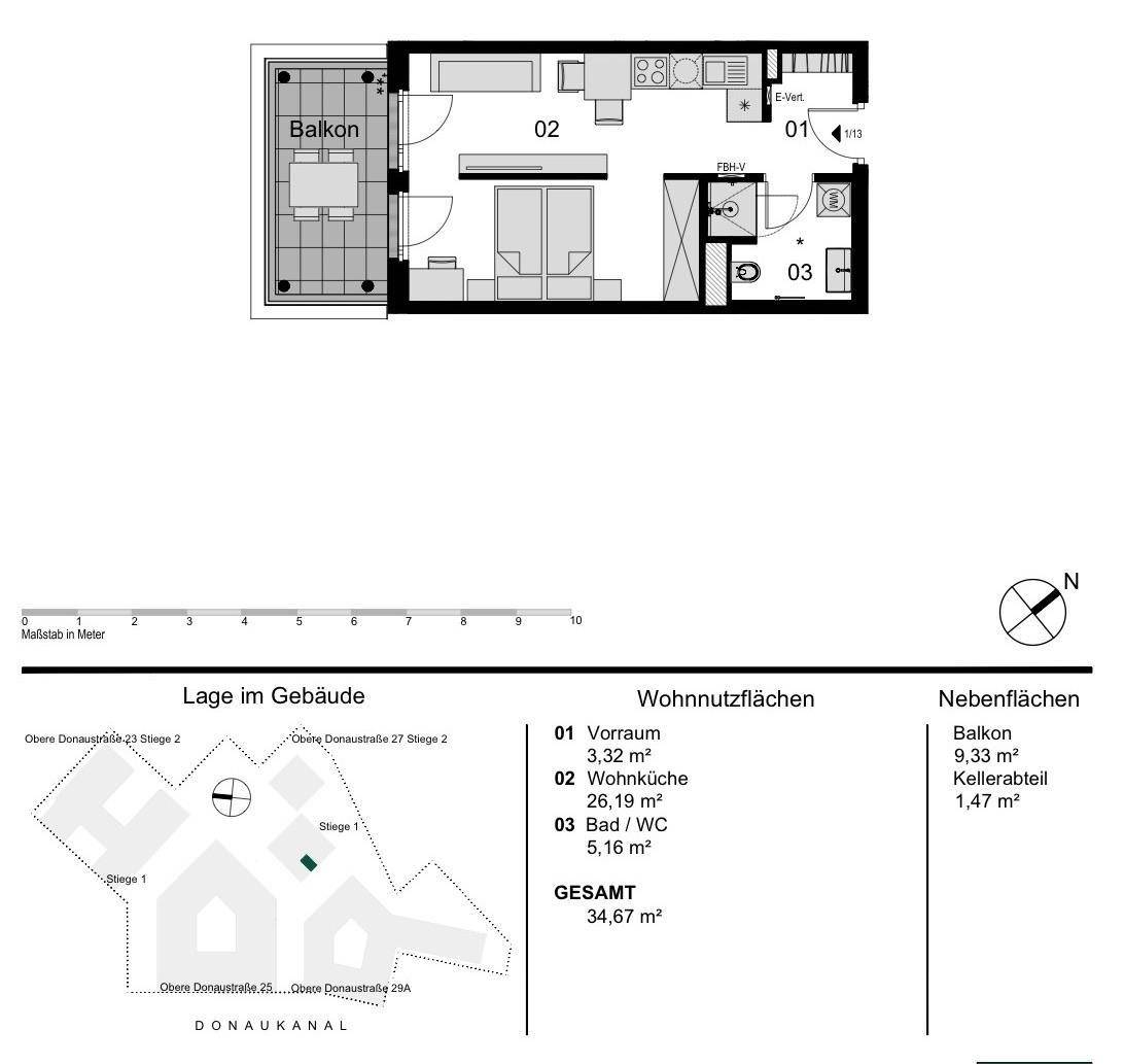 Grundriss einer Wohnung mit Balkon, offenem Wohnbereich, Schlafzimmer und Bad.