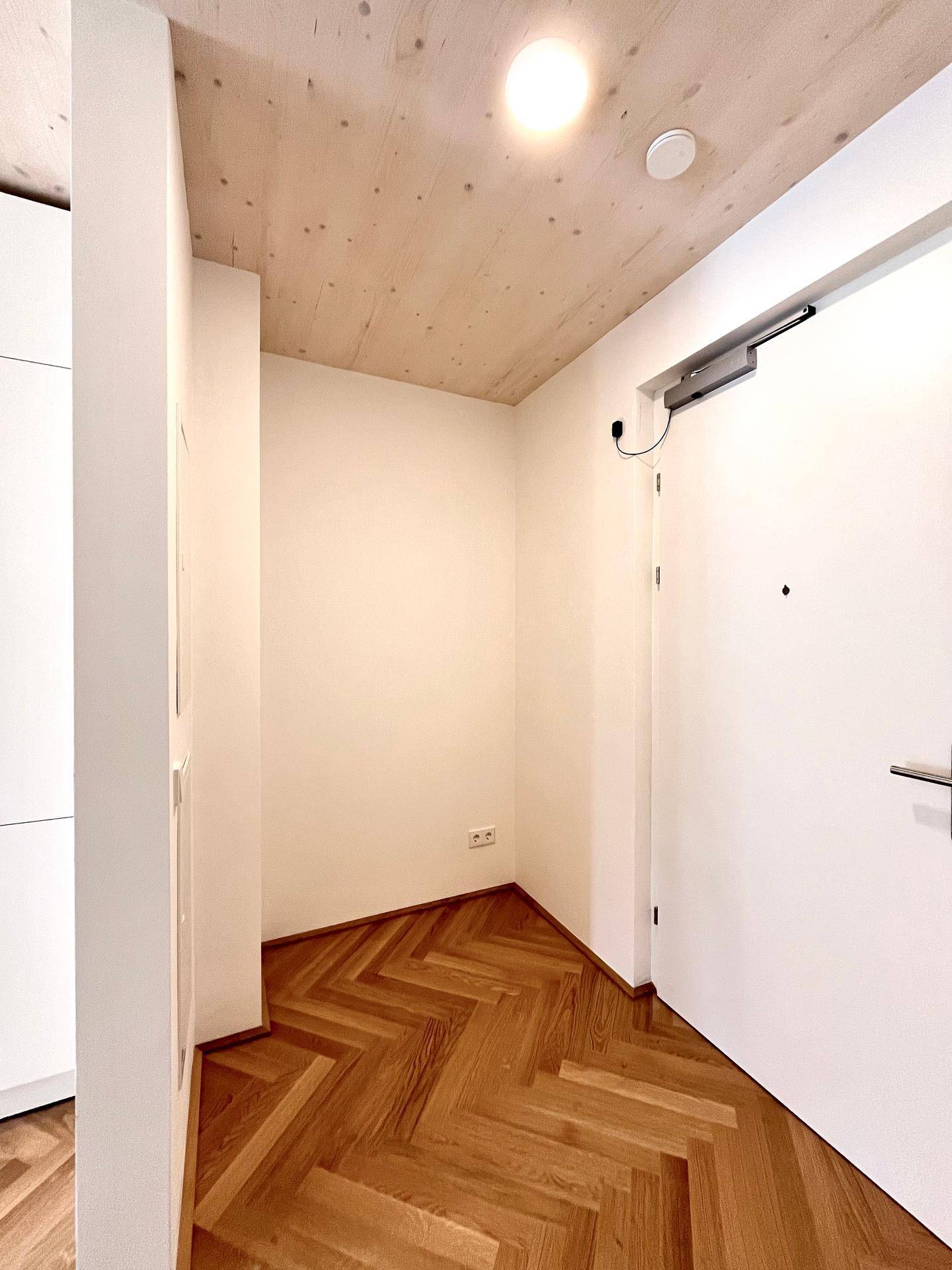 Heller Eingangsbereich mit Fischgrätparkettboden, Holzbalkendecke und moderner weißer Tür.