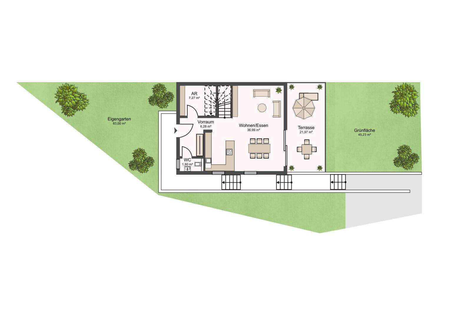 Grundriss des Erdgeschosses mit offenem Wohn-/Essbereich, Terrasse und Garten.