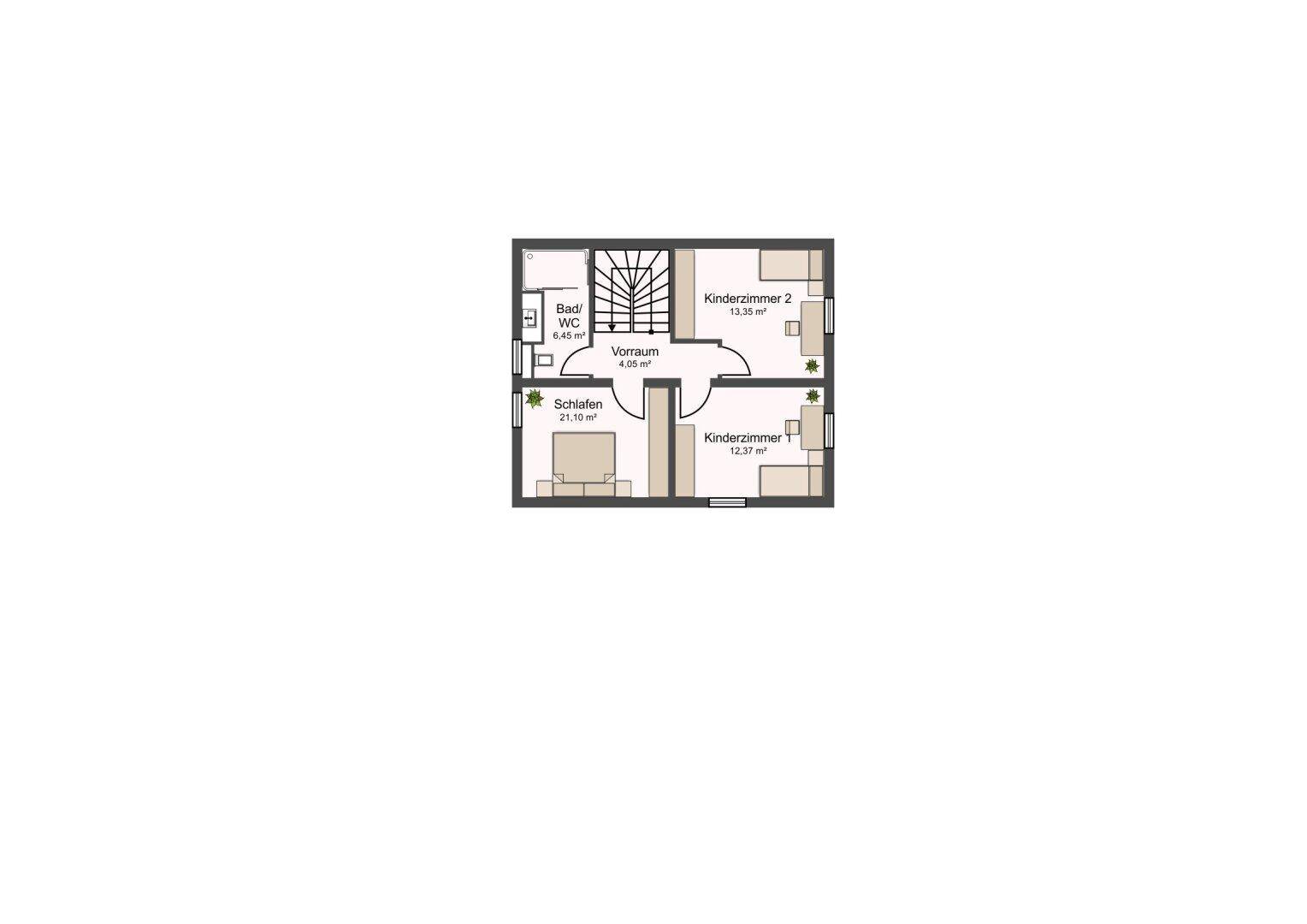Grundriss des Obergeschosses mit Schlafzimmer, zwei Kinderzimmern und Bad/WC.