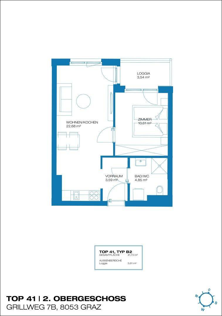 Grundriss der Wohnung mit offener Wohnküche, Schlafzimmer und Loggia.