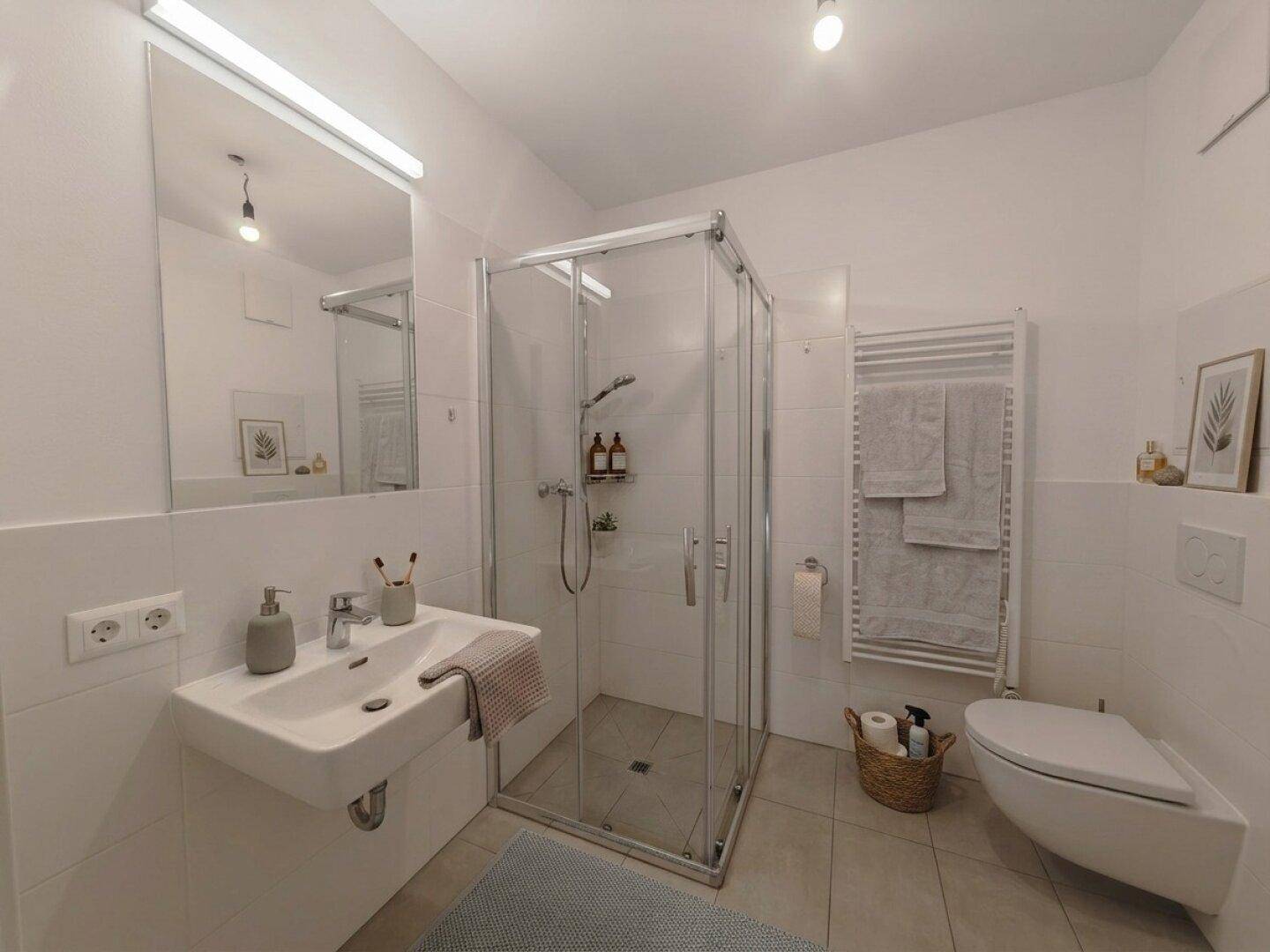 Modernes Badezimmer mit weiß gefliesten Wänden, begehbarer Dusche und beheiztem Handtuchhalter.