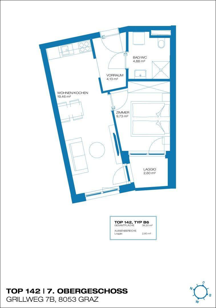 Grundriss einer Wohnung mit Wohn-/Kochbereich, Schlafzimmer, Bad und Loggia.