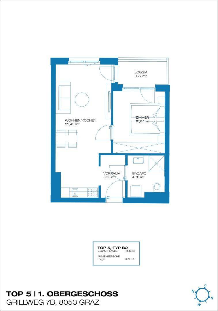 Grundrissplan einer Wohnung mit offenem Wohn-/Kochbereich, Schlafzimmer und Loggia.