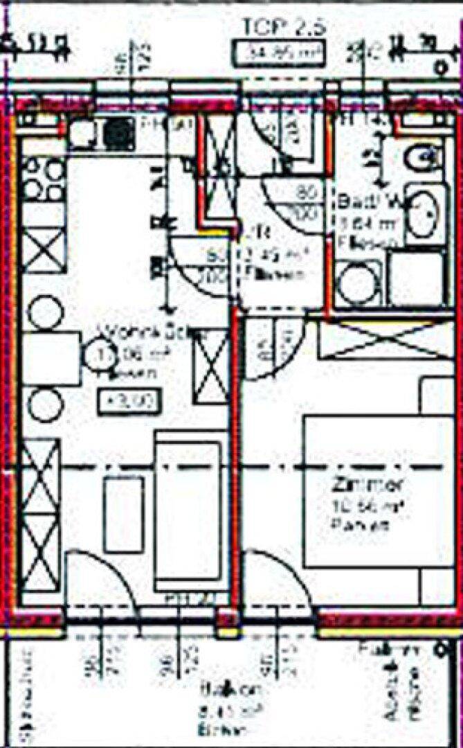 Detaillierter Grundriss der Wohnung mit Raumaufteilung und Balkon.