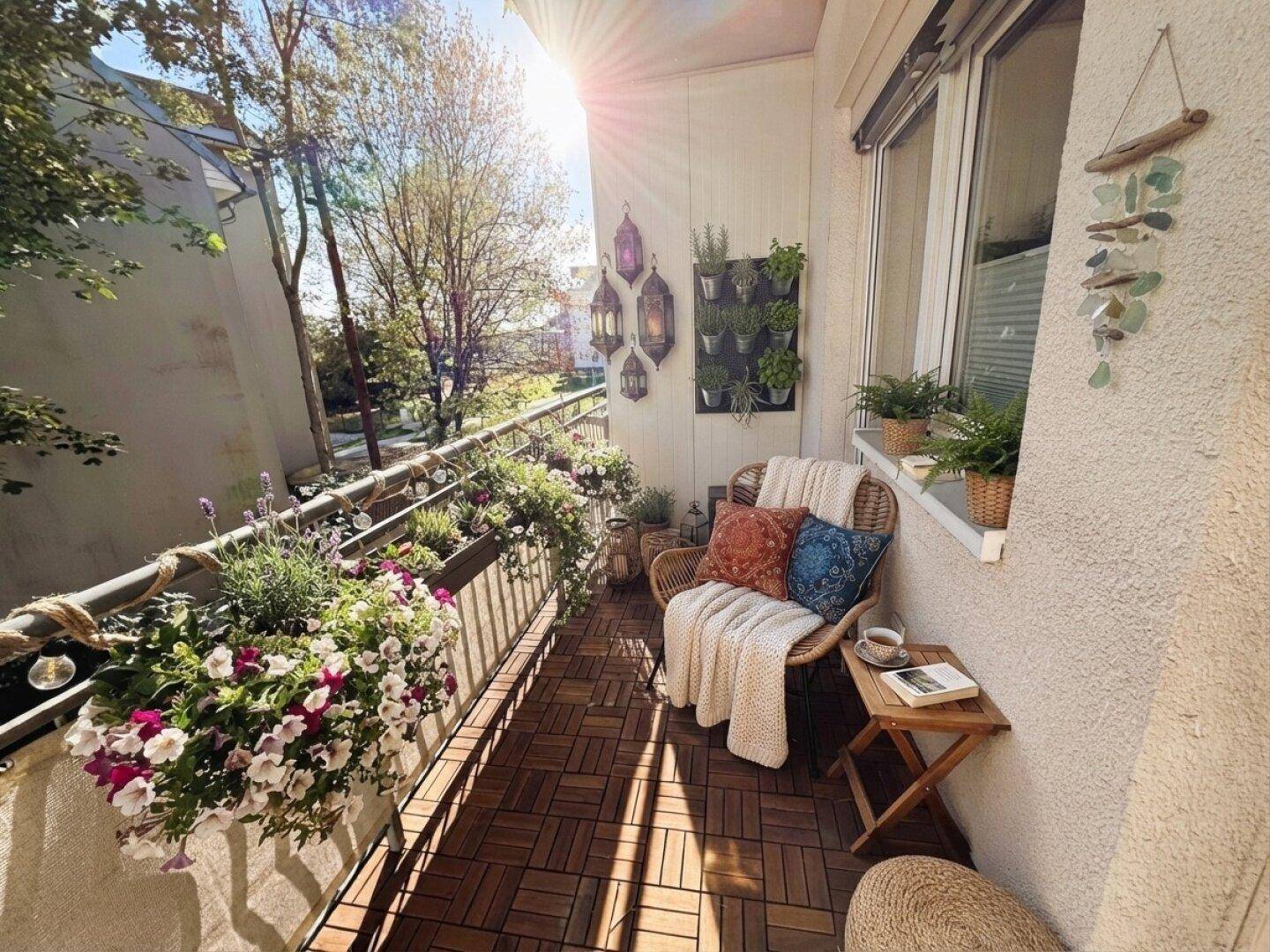 Sonniger Balkon mit Holzbodenfliesen, üppiger Bepflanzung und gemütlicher Sitzecke.