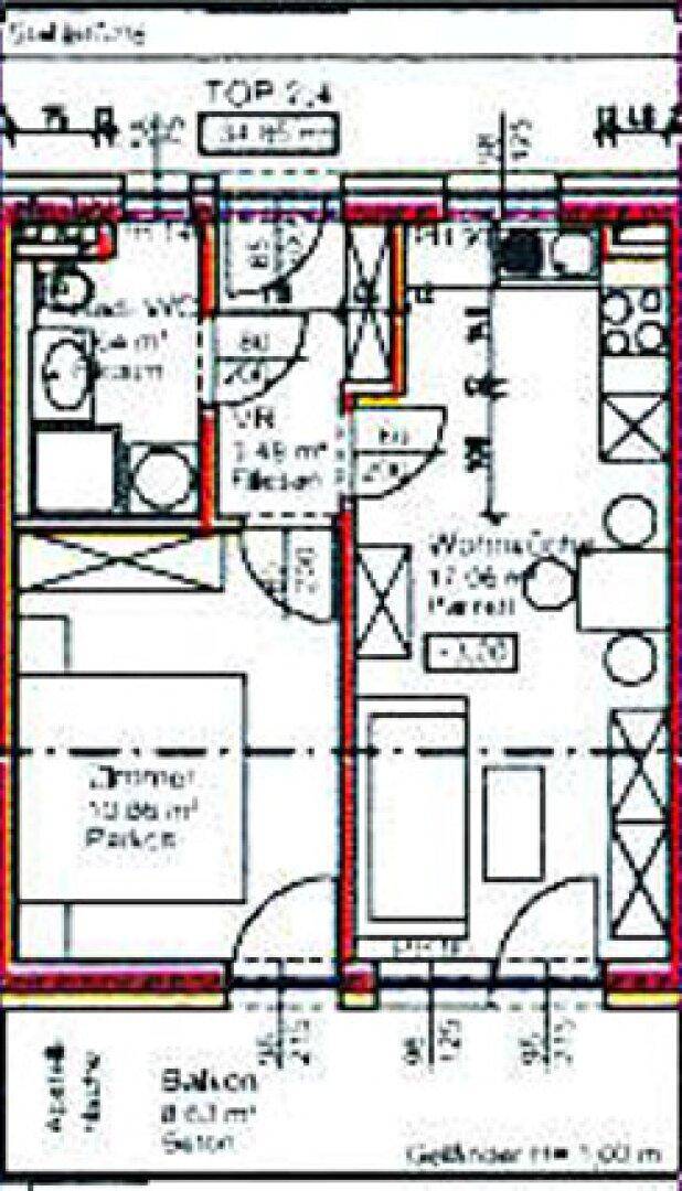 Detaillierter Grundriss einer Wohnung mit Zimmern, Bad und Balkon.