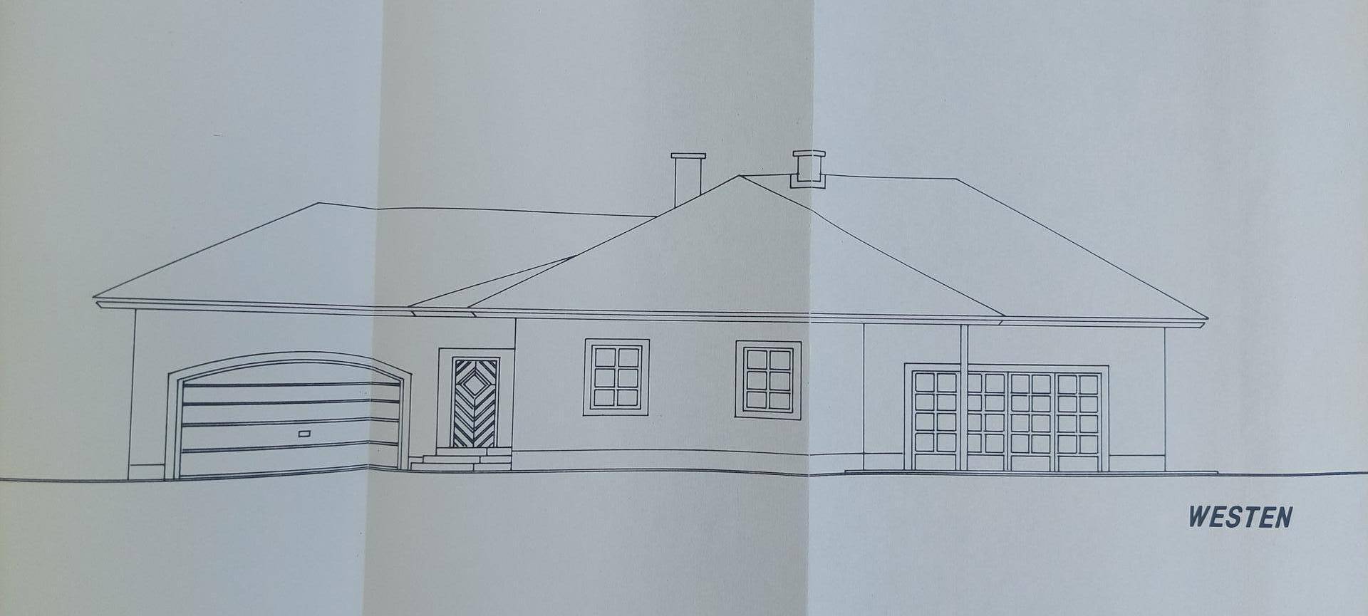 Architektonische Ansicht der Westseite des Hauses mit Garage und weiteren Fenstern.