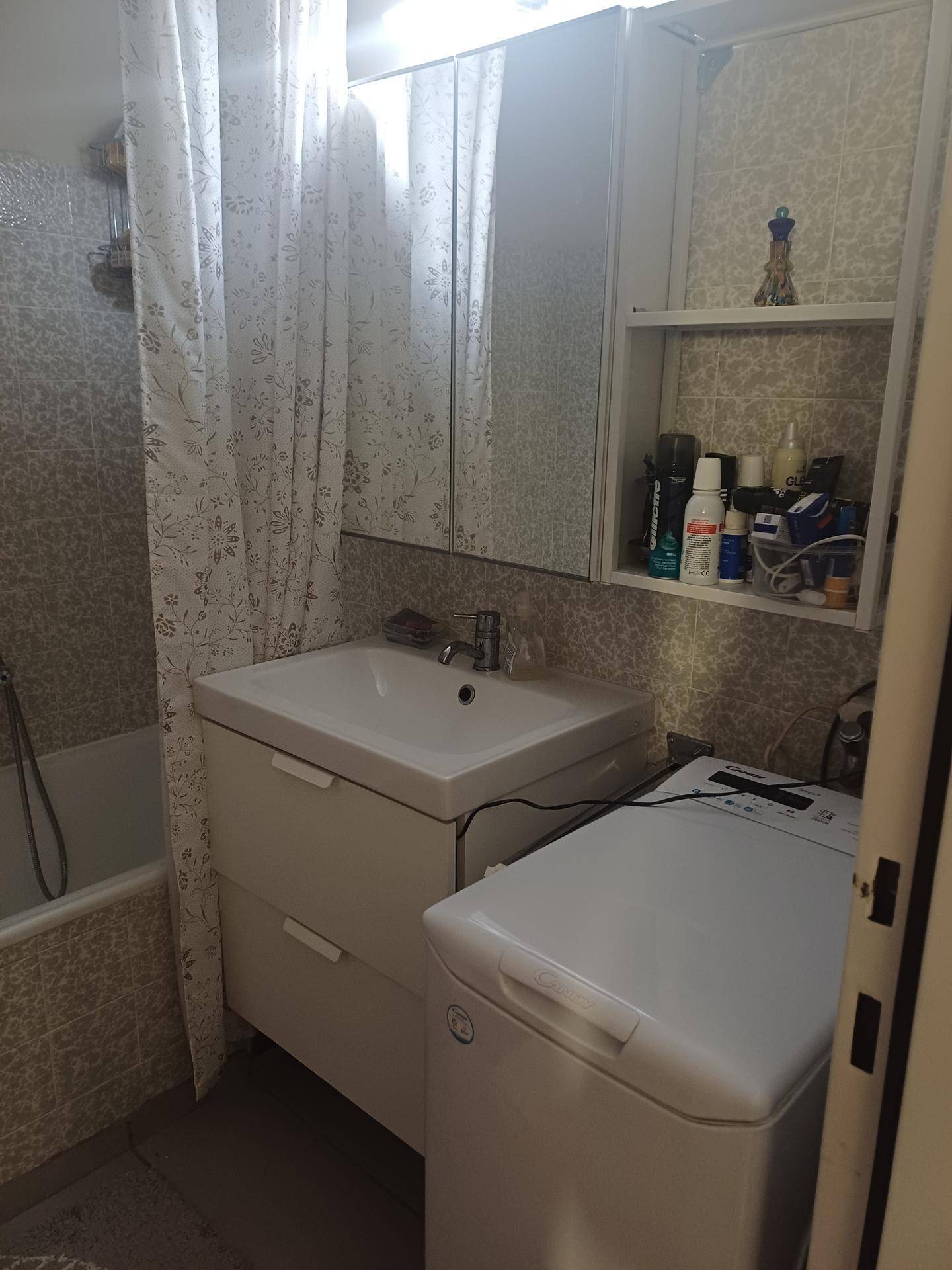 Funktionales Badezimmer mit Badewanne, Waschbecken, Spiegelschrank und Waschmaschine.
