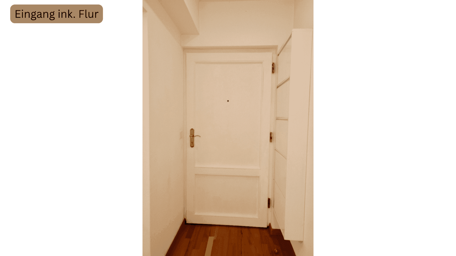 Eingangsbereich mit weißer Tür und Holzboden, der in die Wohnung führt.