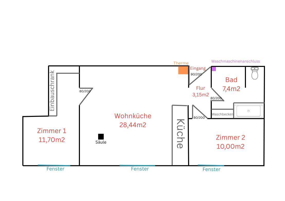Grundrissplan der Wohnung mit Wohnküche, zwei Zimmern, Bad und Flur.