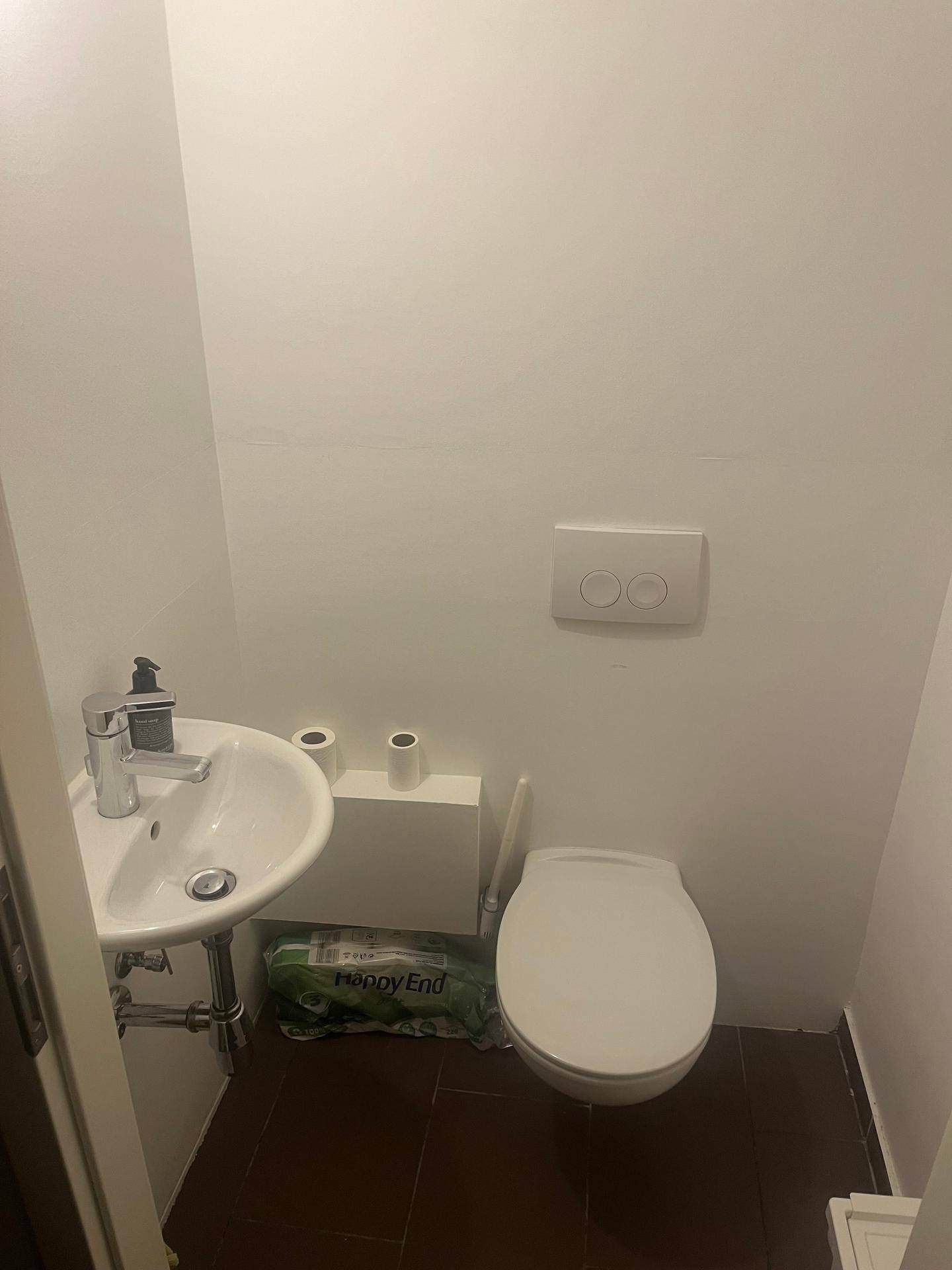 Kleines Gäste-WC mit Wand-WC und einem einzelnen Waschbecken, ausgestattet mit braunen Fliesen.