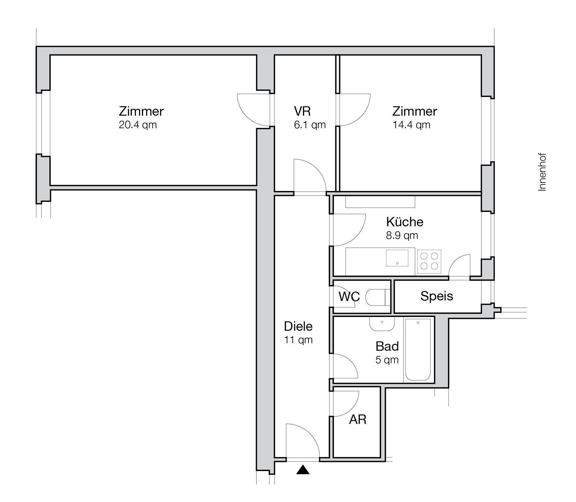 Grundriss einer Wohnung mit zwei Zimmern, separater Küche, Bad, WC und Abstellräumen.