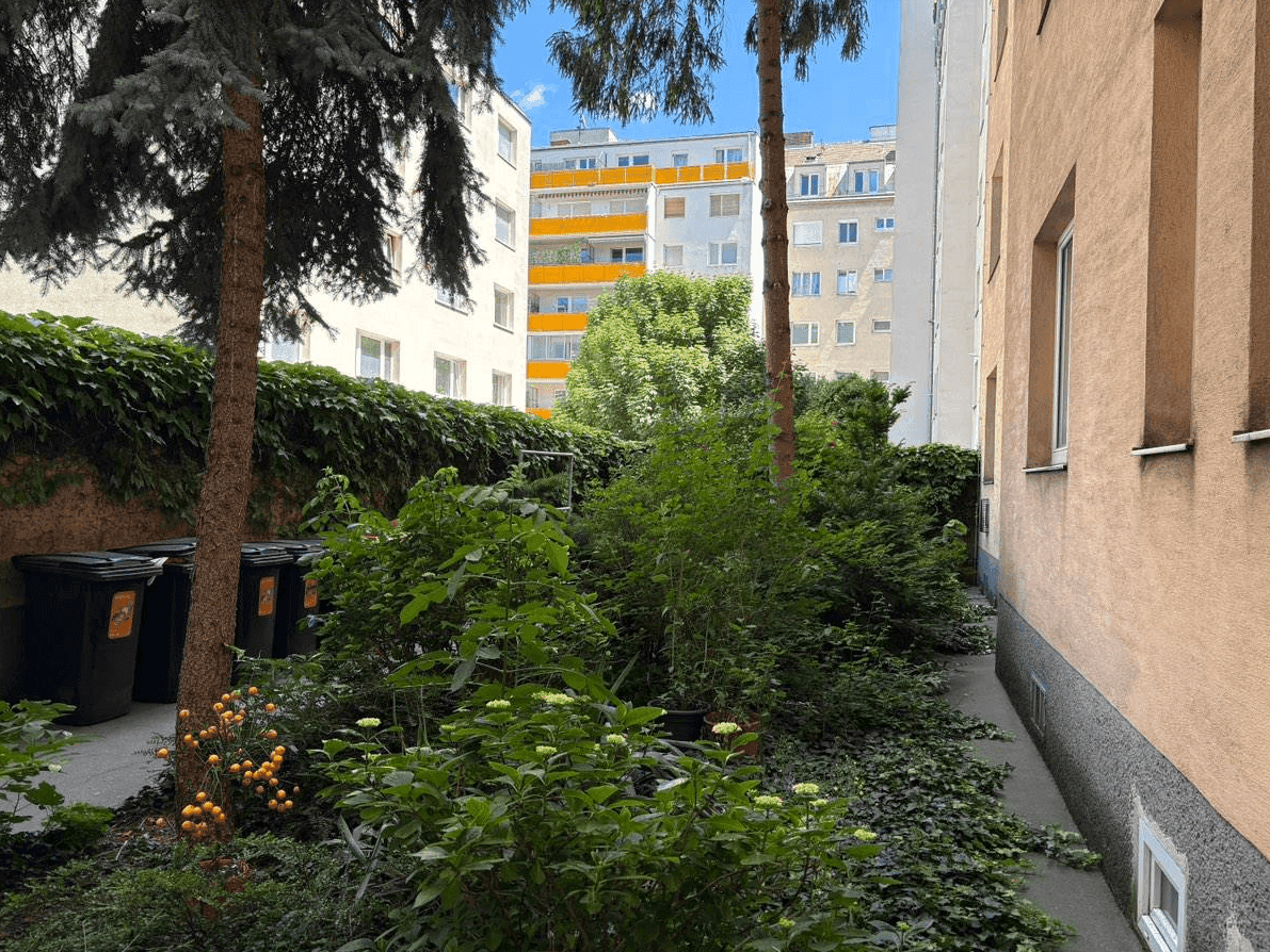 Grüner Innenhof mit üppiger Vegetation, Bäumen und Mülltonnen, umgeben von Gebäuden.