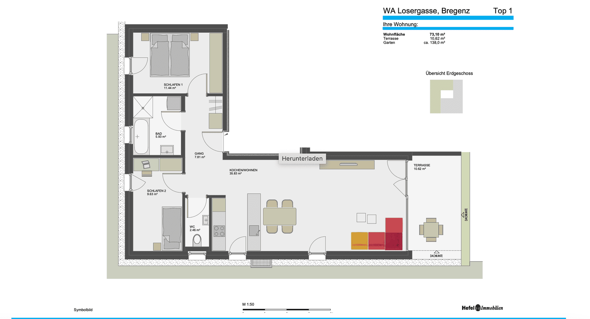 Detaillierter Grundriss einer Wohnung mit zwei Schlafzimmern, Bad und offener Wohnküche.