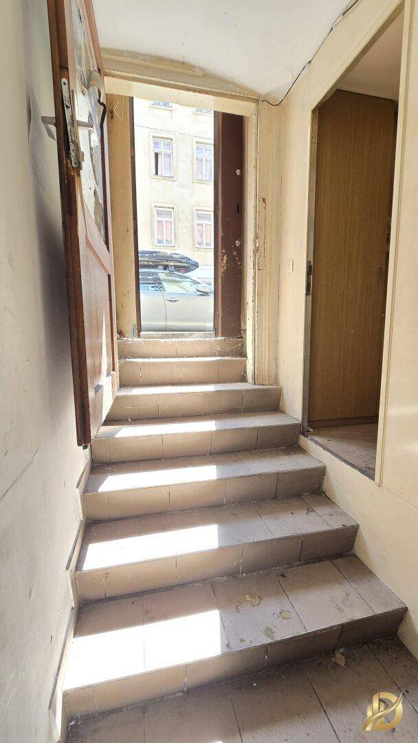 Eingangsbereich mit Steintreppe, die zu einer offenen Tür führt, durch die Tageslicht einfällt.