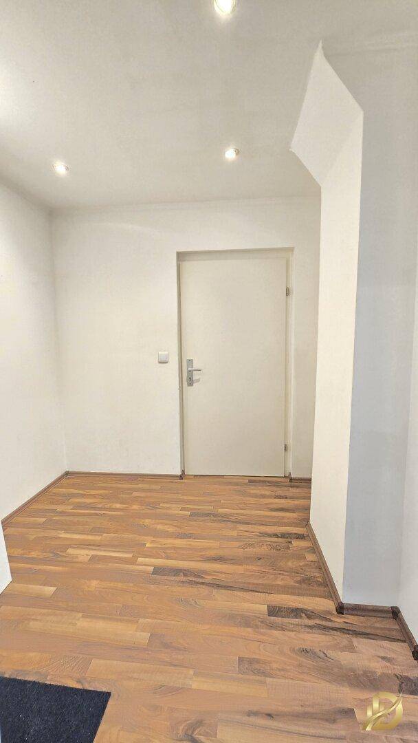 Heller Eingangsbereich mit Parkettboden und weiß gestrichenen Wänden.