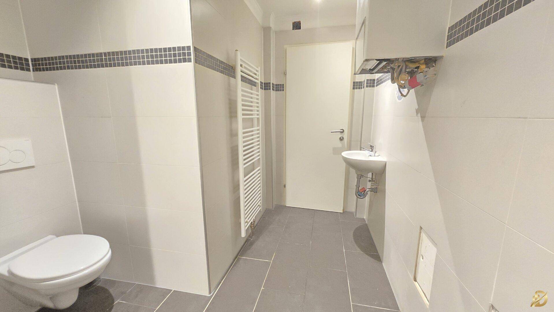 Kleines Badezimmer mit WC, Waschbecken und Handtuchheizkörper in Grautönen.
