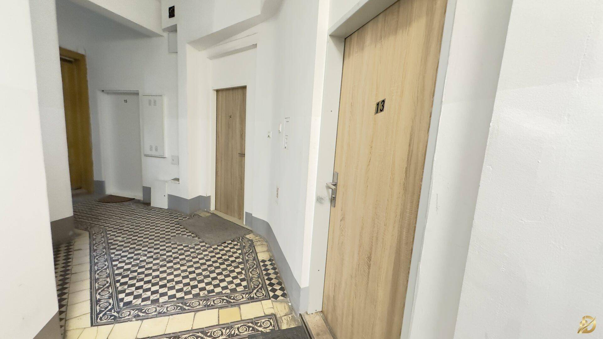 Eingangsbereich mit gemustertem Fliesenboden und Holztüren, typisch für Altbau.
