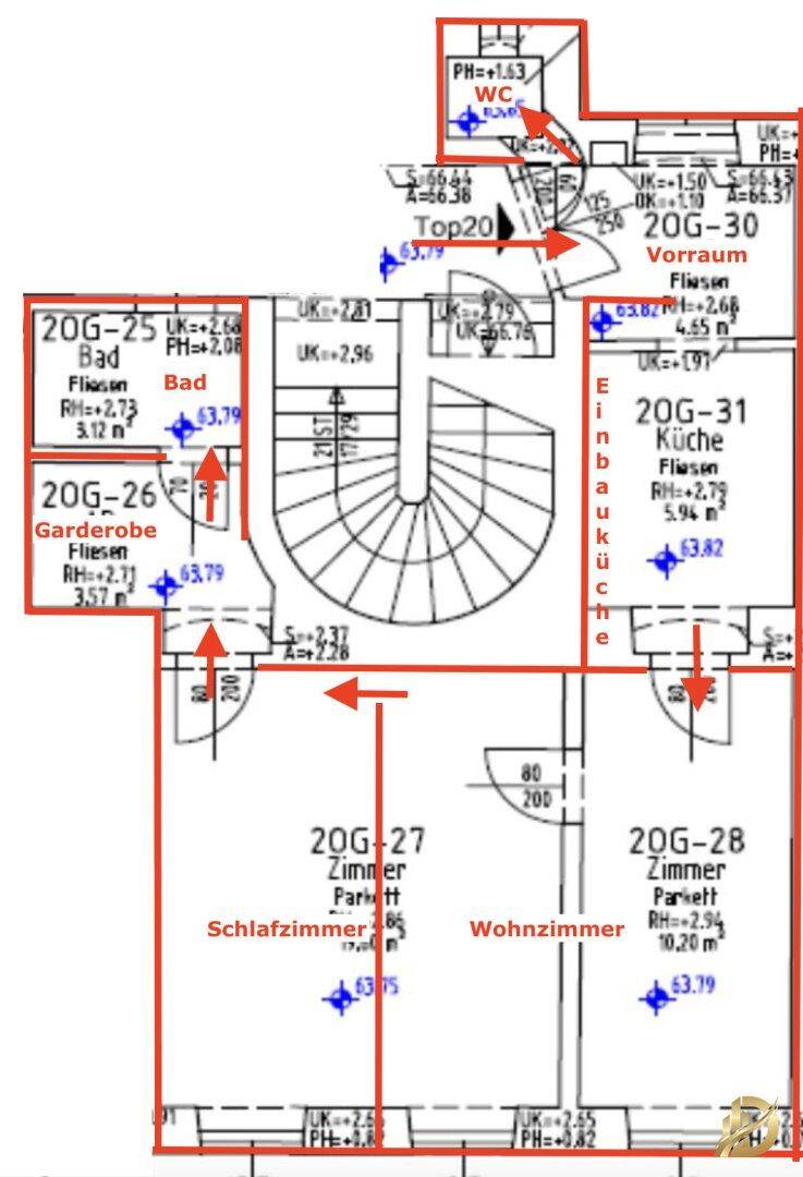 Detaillierter Grundriss der Wohnung mit Zimmeraufteilung, inklusive Bad, Küche und Wohnzimmer.