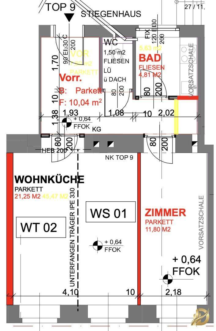 Detaillierter Grundriss einer Wohnung mit Wohnküche, Zimmer, Bad und WC.