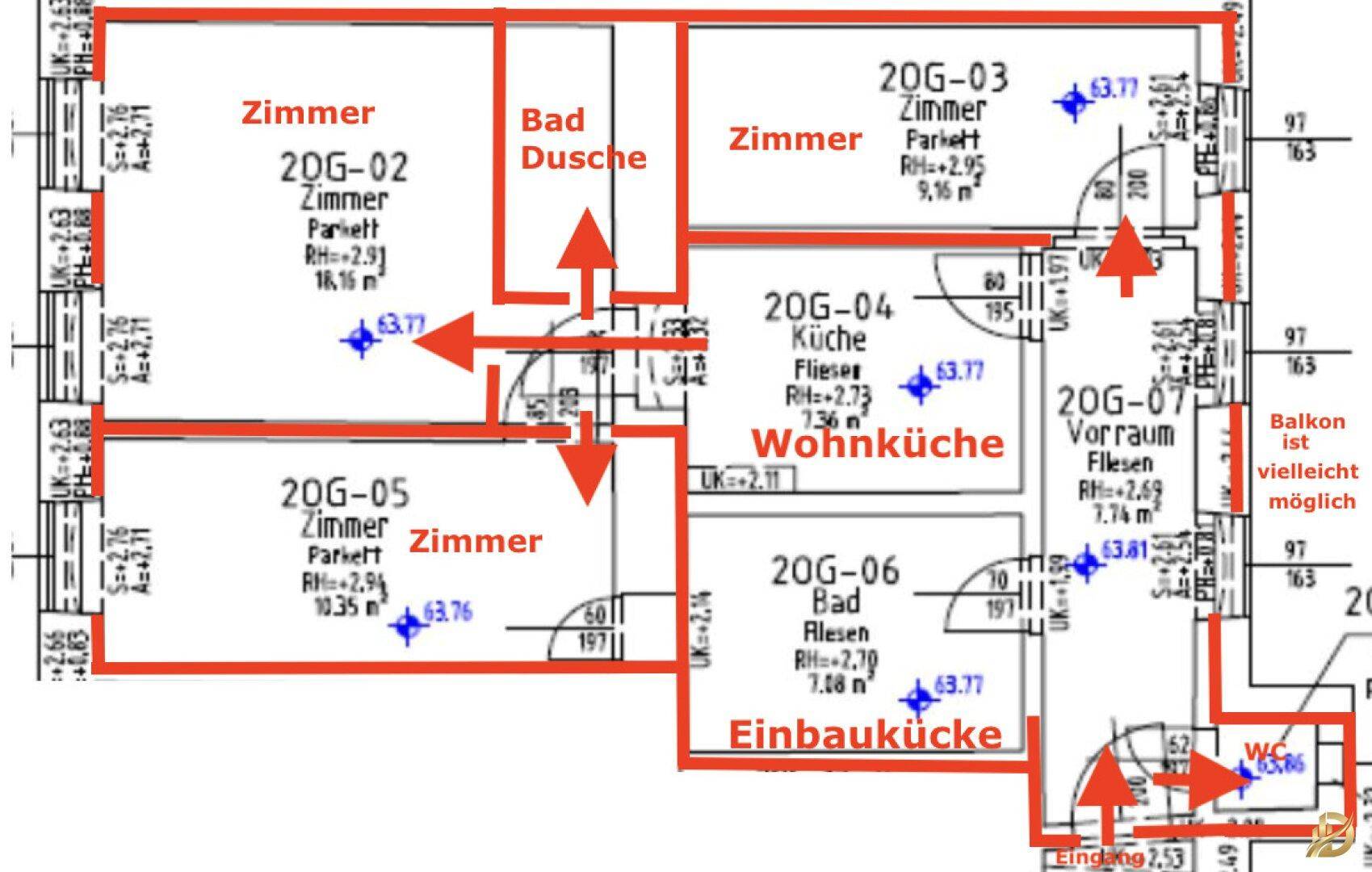 Grundriss der Wohnung mit mehreren Zimmern, zwei Bädern und einer Wohnküche.