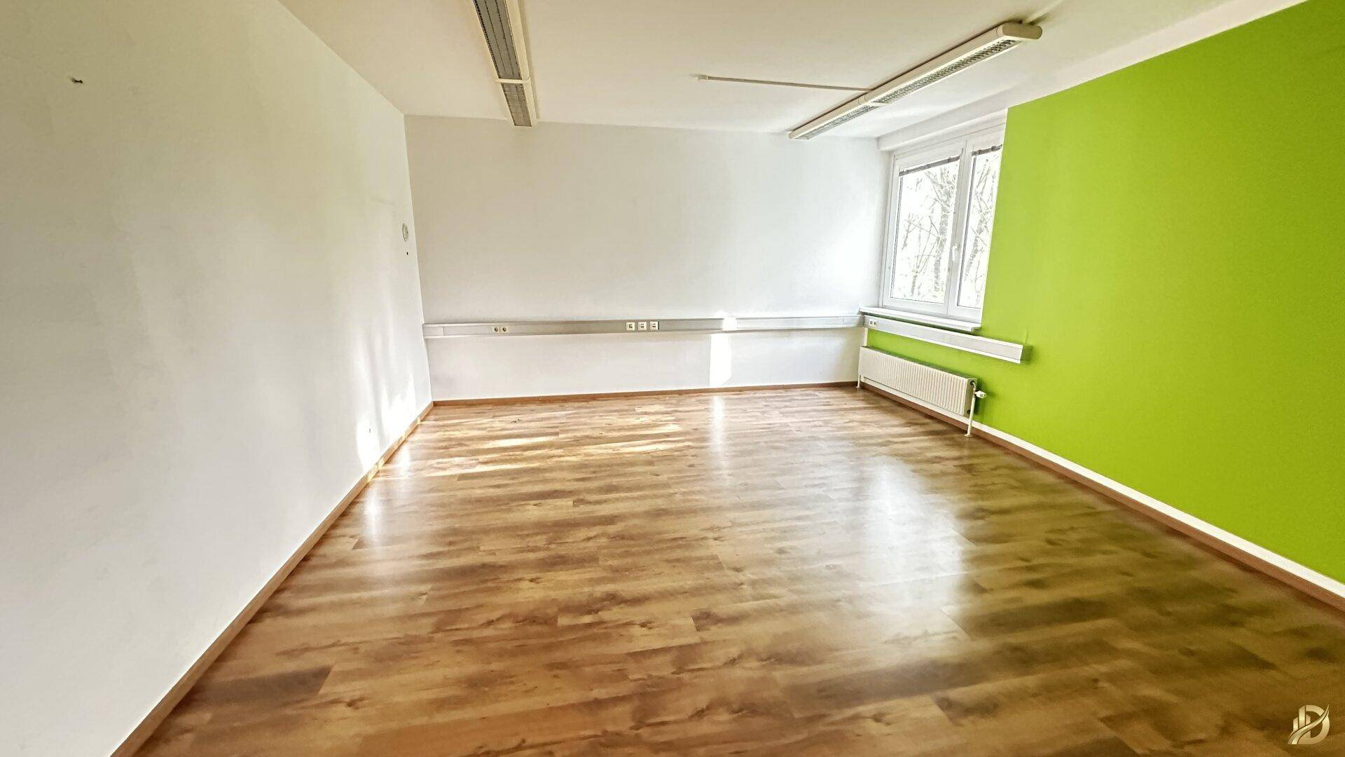 Helles Büro mit Laminatboden, einer grünen Akzentwand und großen Fenstern für viel Tageslicht.