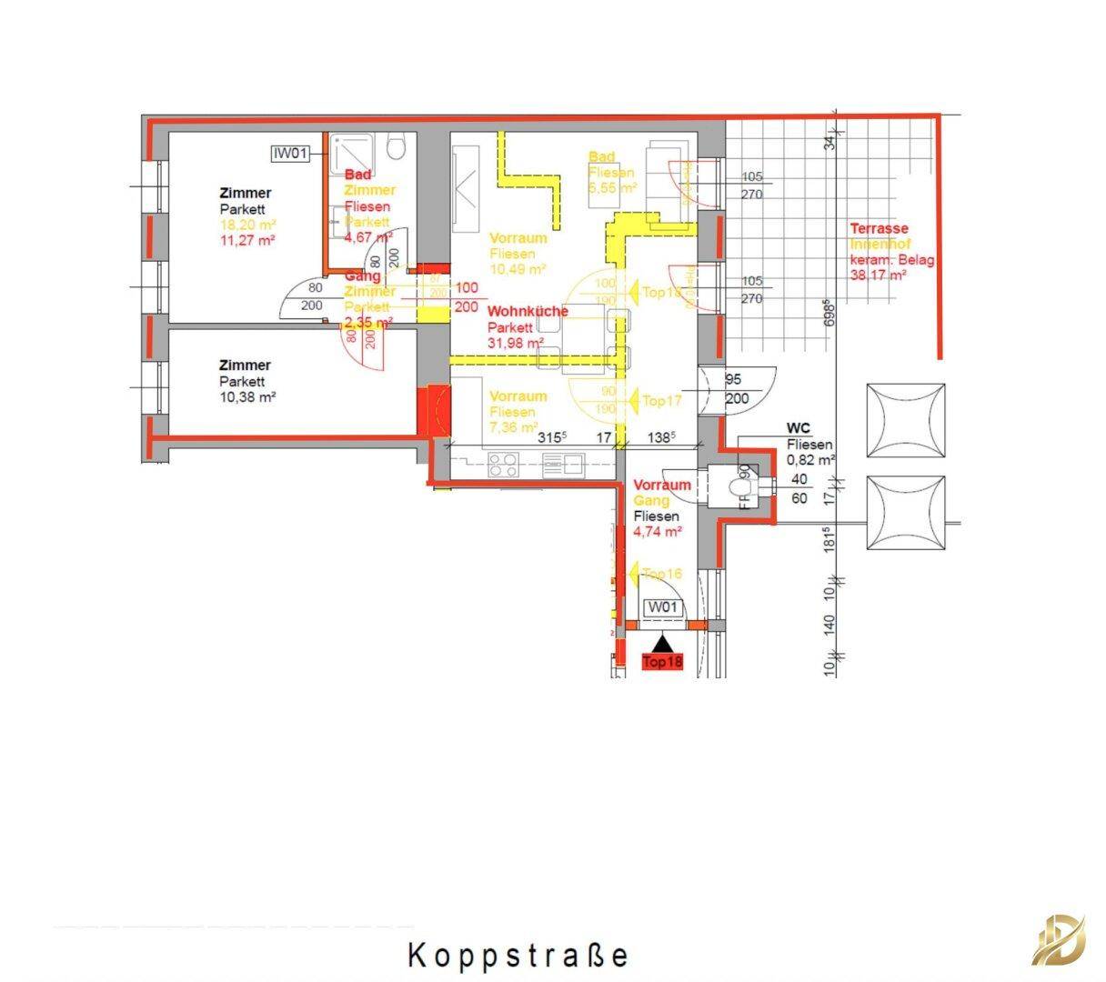 Detaillierter Grundriss einer Wohnung mit mehreren Zimmern, Bad, WC und Terrasse.