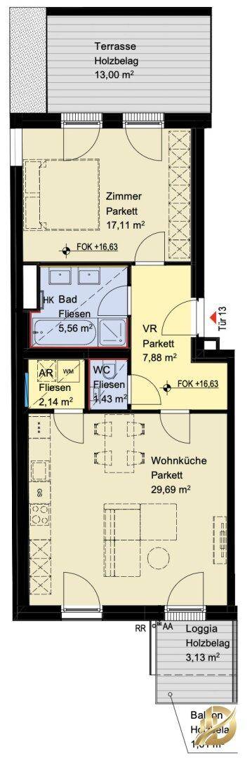 Grundriss einer Wohnung mit Terrasse, Loggia, Schlafzimmer und Wohnküche.