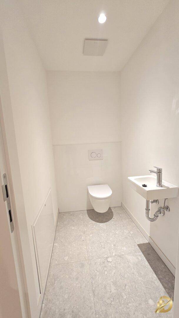 Modernes Gäste-WC mit wandhängender Toilette und kleinem Waschbecken.