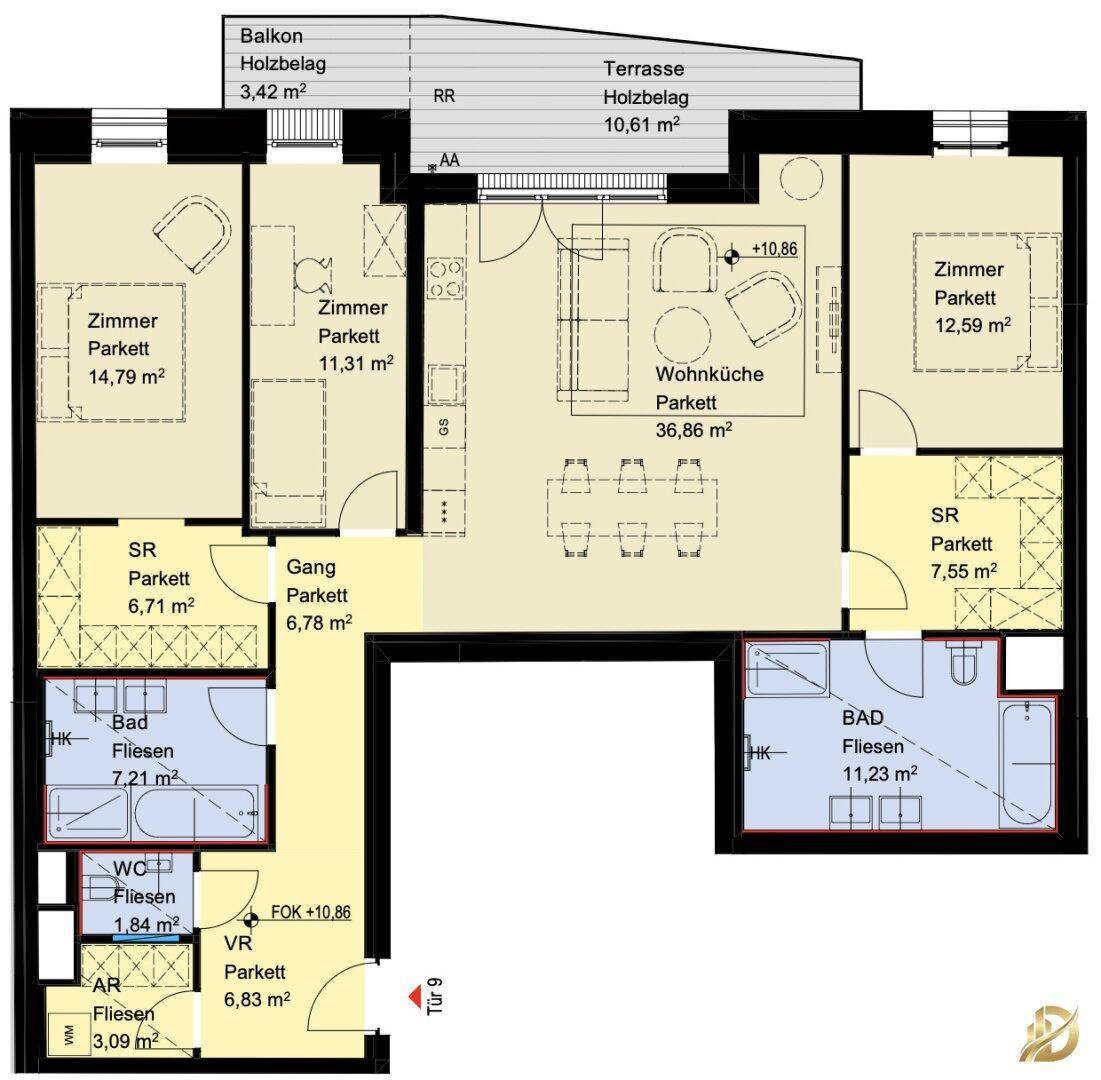 Grundriss einer Wohnung mit Wohnküche, mehreren Zimmern, Bad, WC, Balkon und Terrasse.