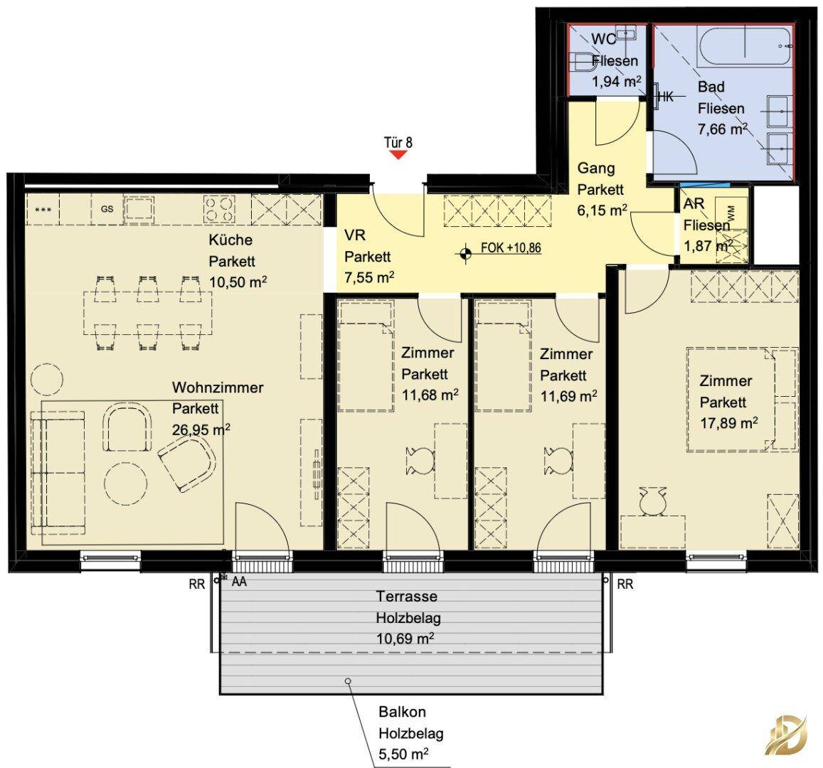 Grundriss einer Wohnung mit Wohnzimmer, Küche, drei Zimmern, Bad, WC, Terrasse und Balkon.