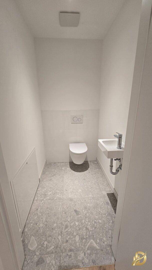 Modernes Gäste-WC mit wandhängendem WC und kleinem Waschbecken.