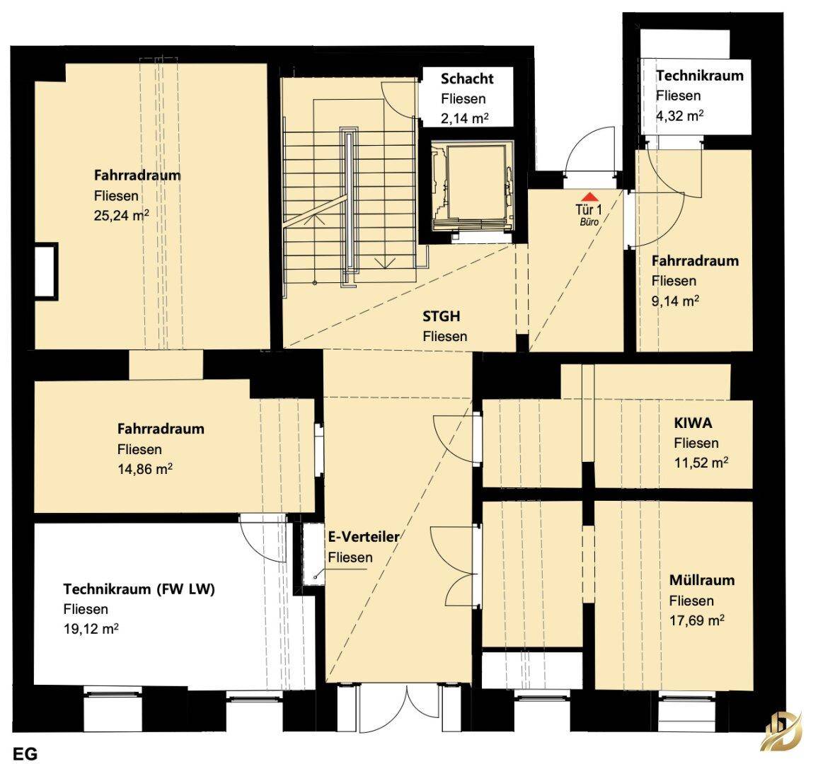 Grundriss des Erdgeschosses mit Fahrradräumen, Technikräumen, Müllraum, Treppenhaus und Aufzug.