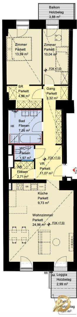 Grundriss einer Wohnung mit Wohnzimmer, Küche, zwei Schlafzimmern, Bad, WC, Balkon und Loggia.