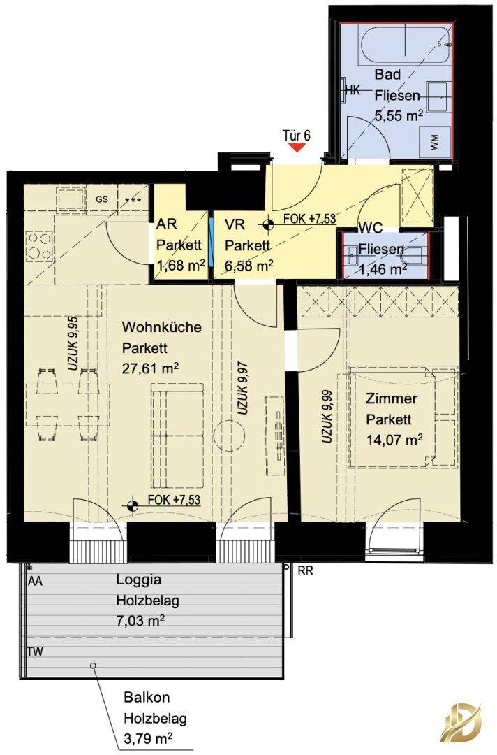 Grundriss einer Wohnung mit Wohnküche, Schlafzimmer, Bad, WC, Loggia und Balkon.