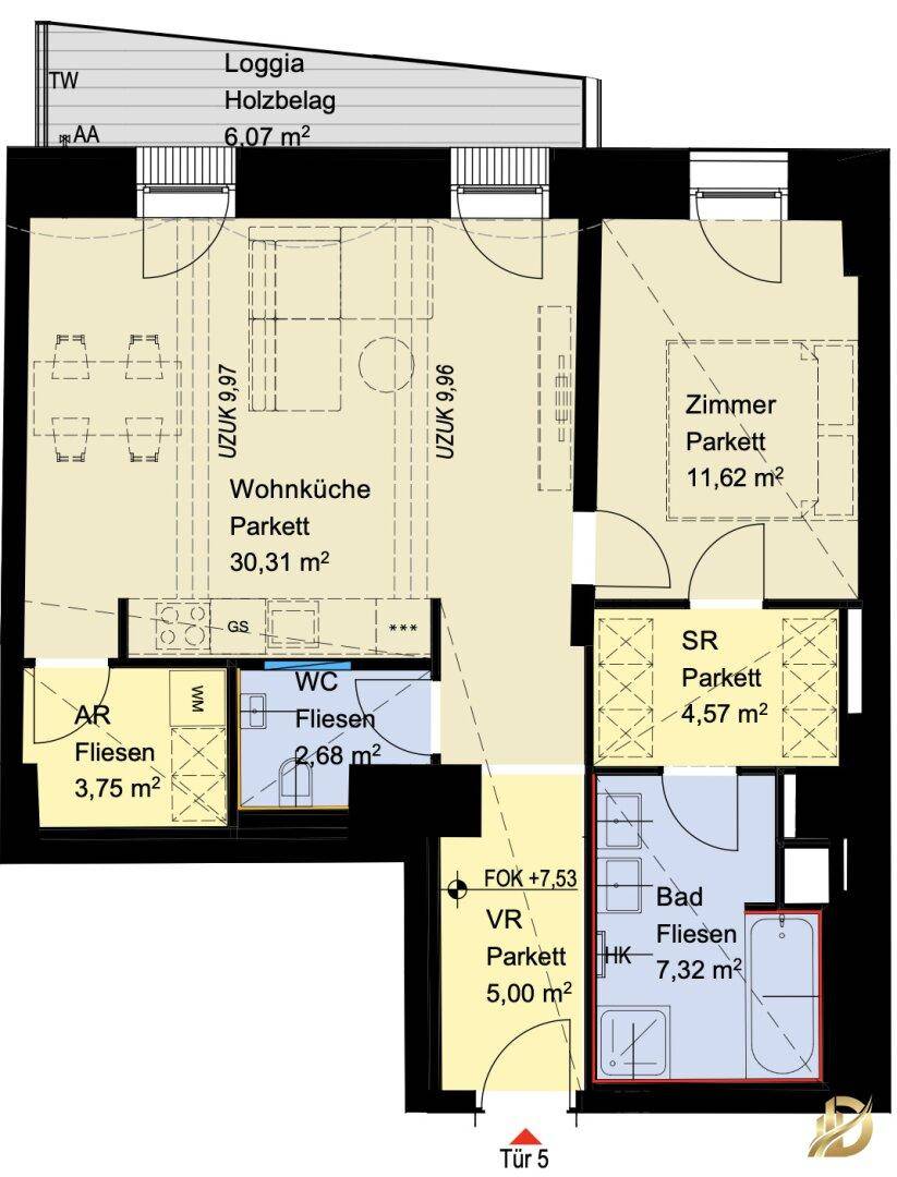 Grundriss einer Wohnung mit offener Wohnküche, Schlafzimmer, Bad, WC und Loggia.